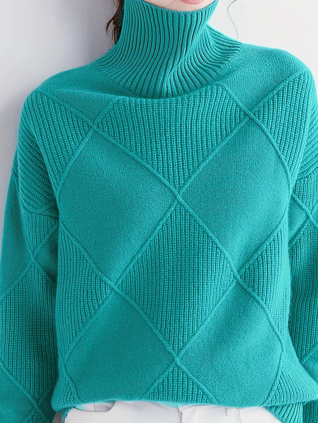 Turtleneck Sweater Knitted Argyle Texture Women's Green – Casual, Office, Holiday, Gift