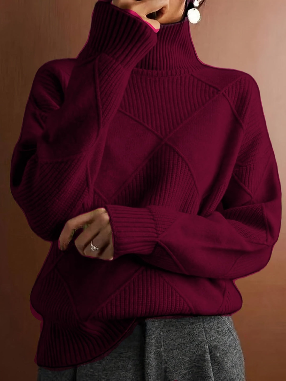 Turtleneck Sweater Knitted Argyle Texture Women's Green – Casual, Office, Holiday, Gift
