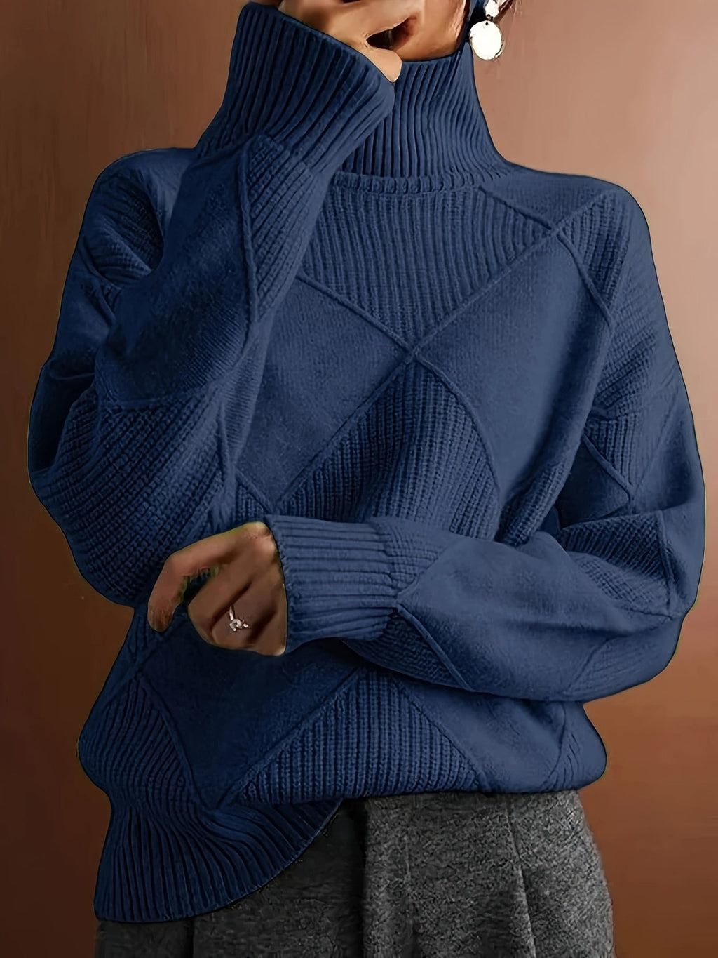 Turtleneck Sweater Knitted Argyle Texture Women's Green – Casual, Office, Holiday, Gift