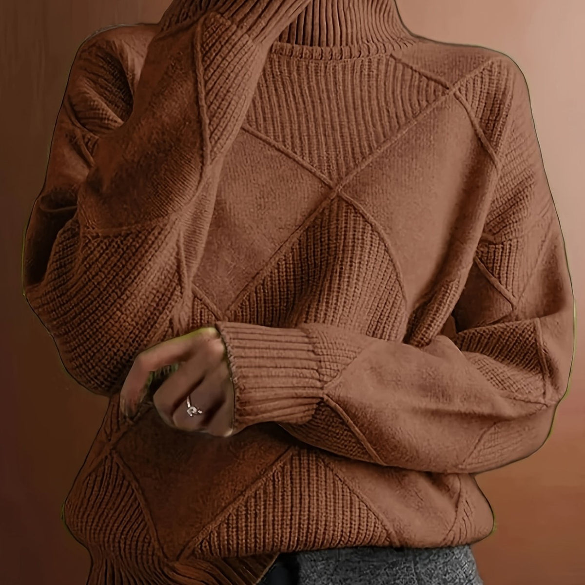 Turtleneck Sweater Knitted Argyle Texture Women's Green – Casual, Office, Holiday, Gift