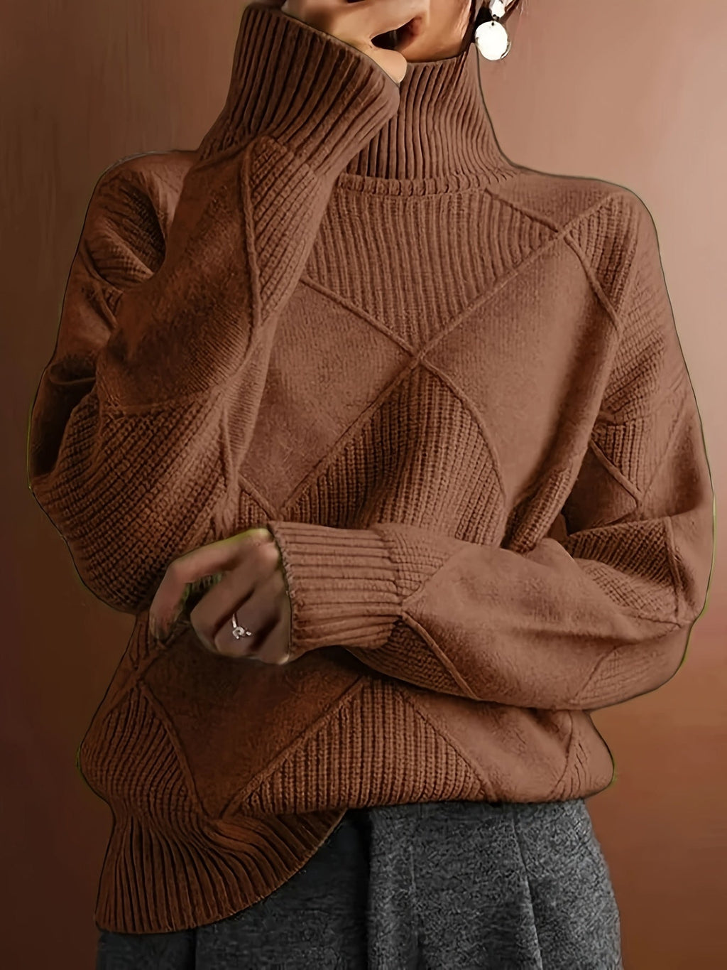 Turtleneck Sweater Knitted Argyle Texture Women's Green – Casual, Office, Holiday, Gift