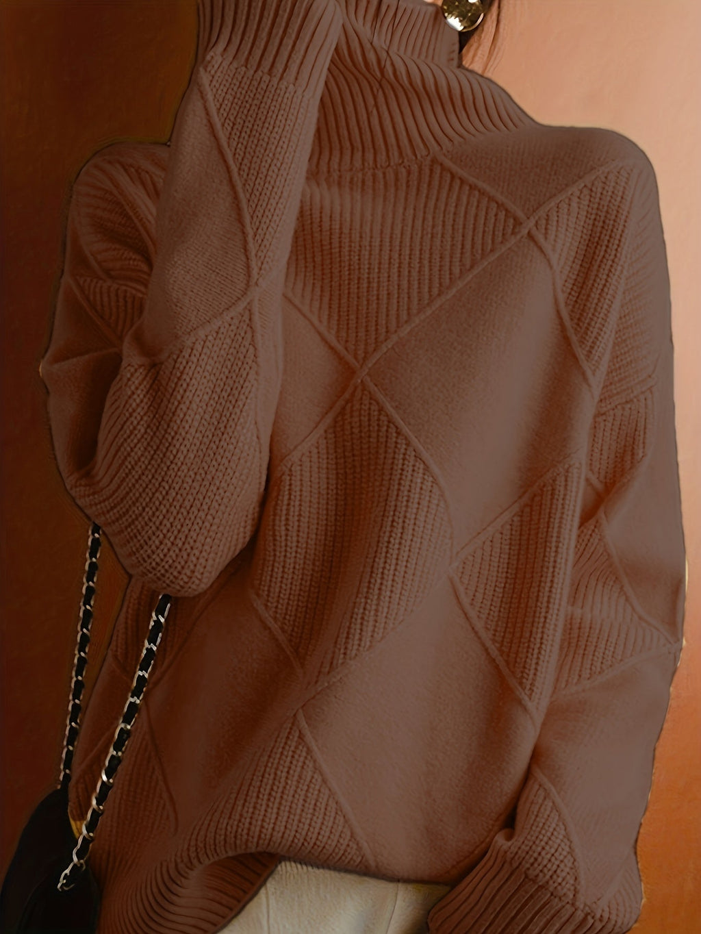 Turtleneck Sweater Knitted Argyle Texture Women's Green – Casual, Office, Holiday, Gift