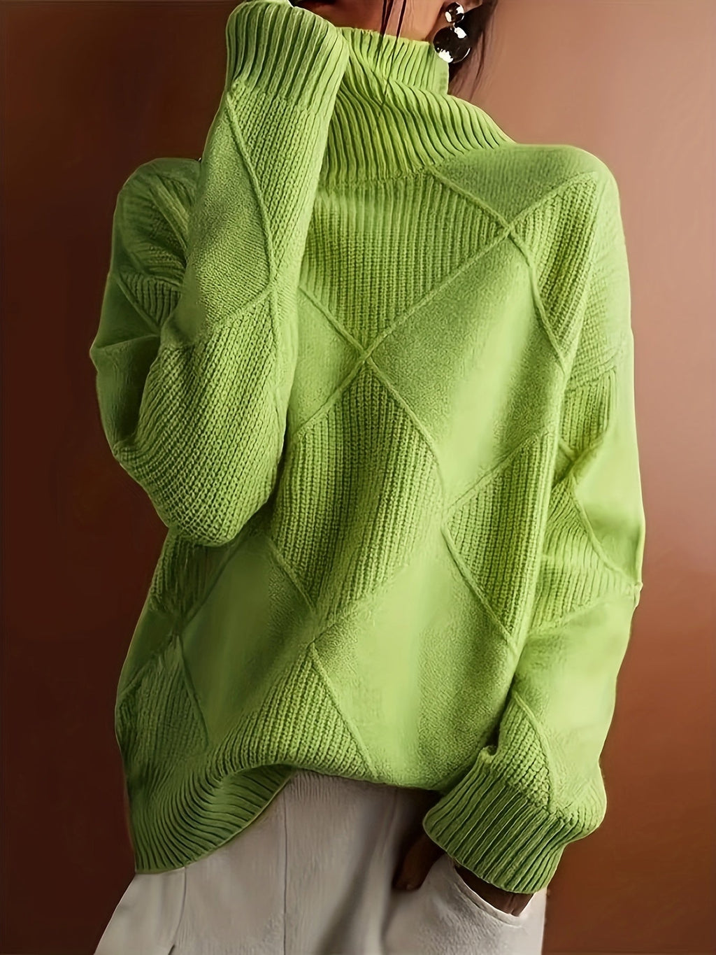 Turtleneck Sweater Knitted Argyle Texture Women's Green – Casual, Office, Holiday, Gift