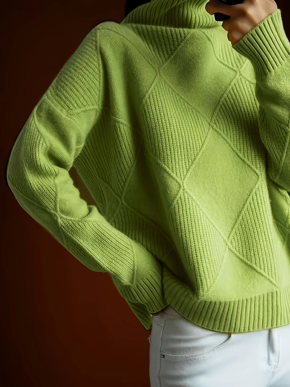 Turtleneck Sweater Knitted Argyle Texture Women's Green – Casual, Office, Holiday, Gift