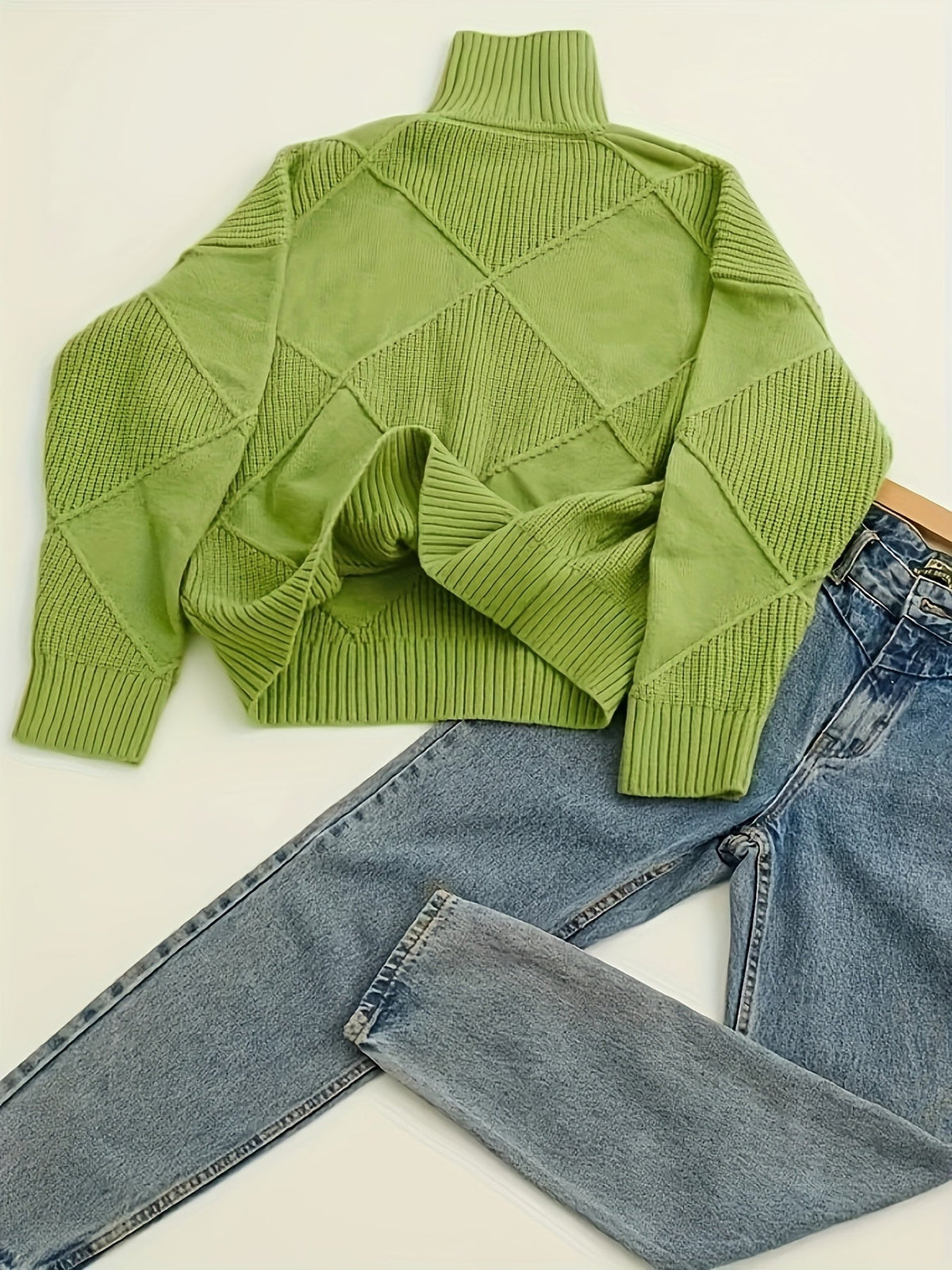 Turtleneck Sweater Knitted Argyle Texture Women's Green – Casual, Office, Holiday, Gift