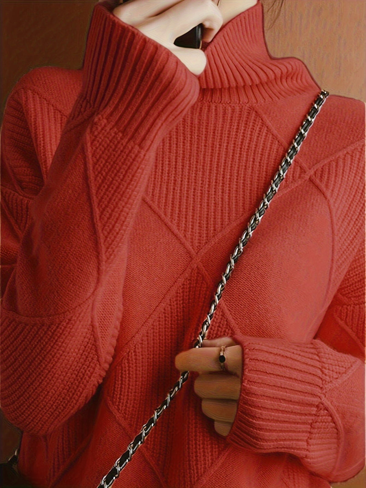 Turtleneck Sweater Knitted Argyle Texture Women's Green – Casual, Office, Holiday, Gift