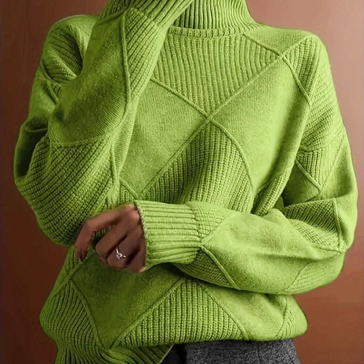 Turtleneck Sweater Knitted Argyle Texture Women's Green – Casual, Office, Holiday, Gift