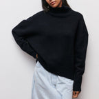 Turtleneck Sweater Light Blue Knit Women's Short Sleeve Pullover – Casual, Office