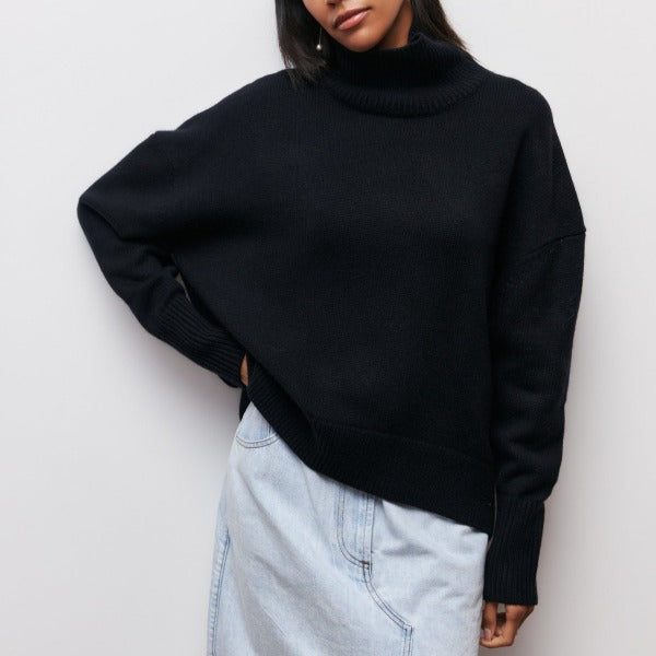 Turtleneck Sweater Light Blue Knit Women's Short Sleeve Pullover – Casual, Office