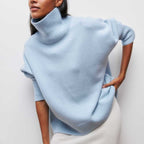 Turtleneck Sweater Light Blue Knit Women's Short Sleeve Pullover – Casual, Office