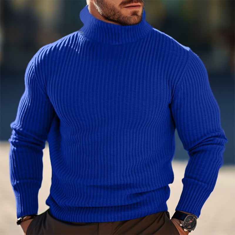 Turtleneck Sweater Ribbed Knit Grey Men's Long Sleeve Pullover – Casual, Office, Winter Layering, Gift