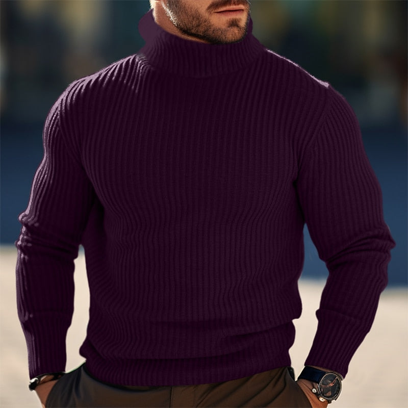 Turtleneck Sweater Ribbed Knit Grey Men's Long Sleeve Pullover – Casual, Office, Winter Layering, Gift