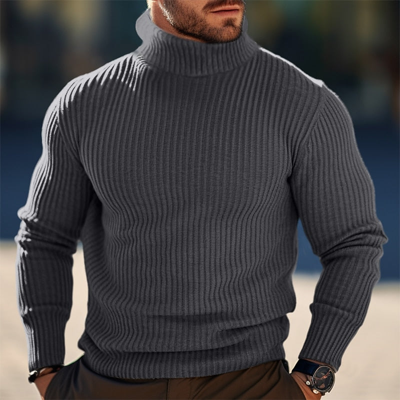 Turtleneck Sweater Ribbed Knit Grey Men's Long Sleeve Pullover – Casual, Office, Winter Layering, Gift