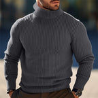 Turtleneck Sweater Ribbed Knit Grey Men's Long Sleeve Pullover – Casual, Office, Winter Layering, Gift