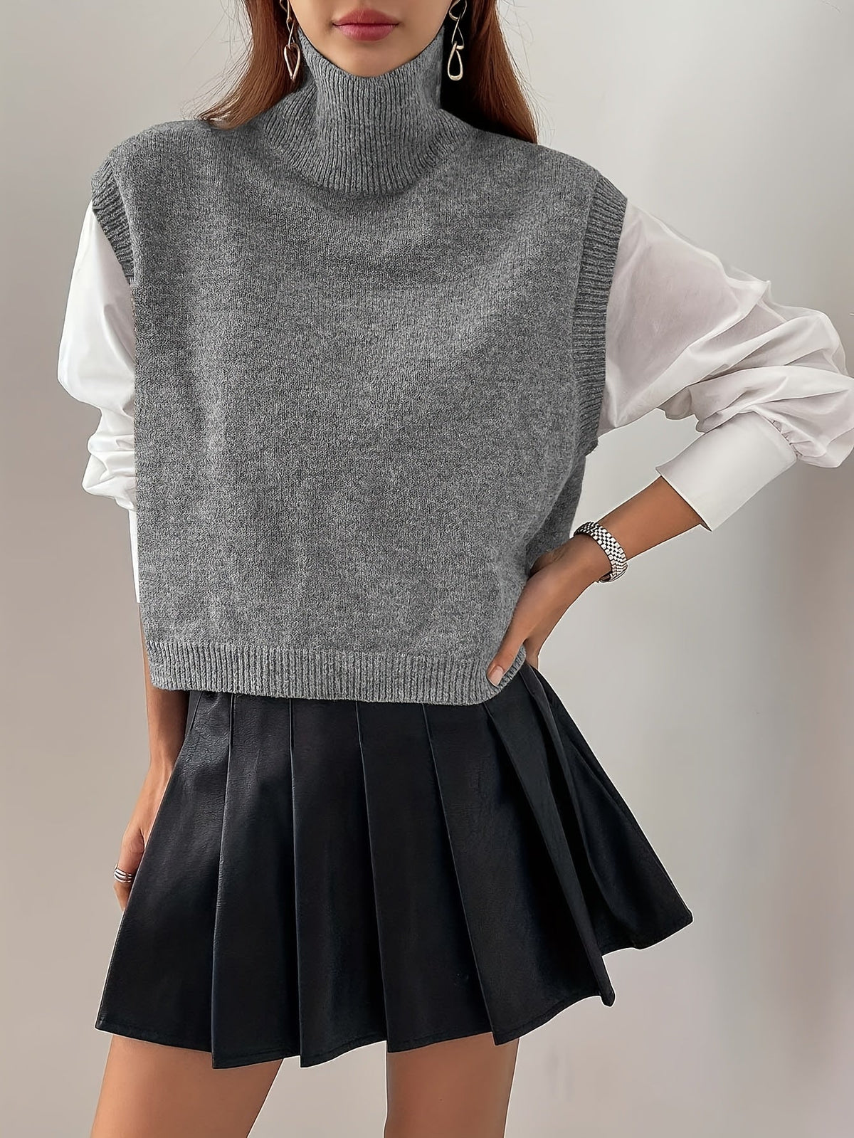 Turtleneck Sweater Vest Knitted Sleeveless Women's Burgundy Jumper – Casual, Office, Layering Gift