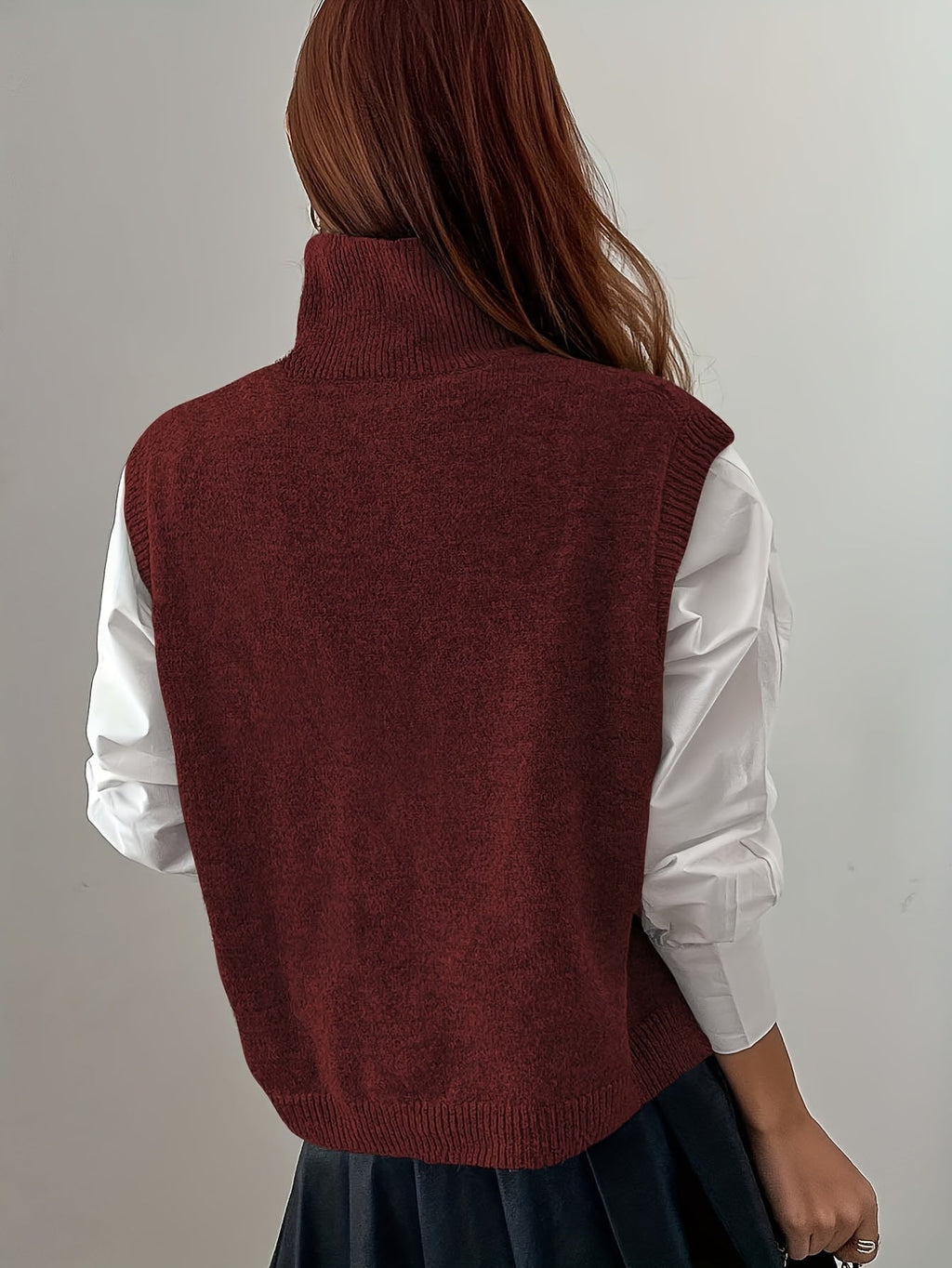 Turtleneck Sweater Vest Knitted Sleeveless Women's Burgundy Jumper – Casual, Office, Layering Gift
