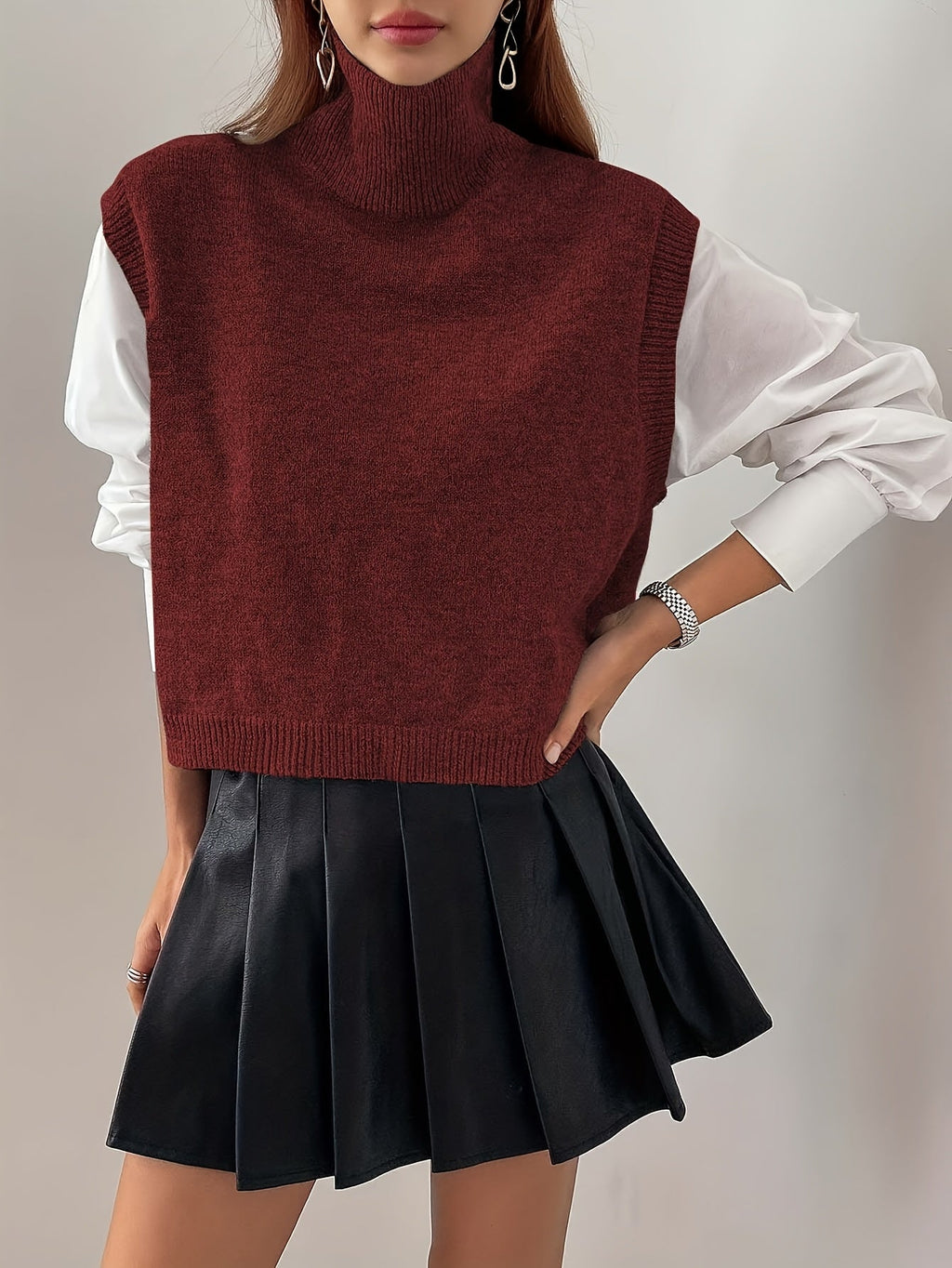 Turtleneck Sweater Vest Knitted Sleeveless Women's Burgundy Jumper – Casual, Office, Layering Gift