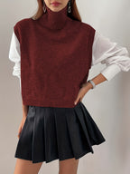 Turtleneck Sweater Vest Knitted Sleeveless Women's Burgundy Jumper – Casual, Office, Layering Gift