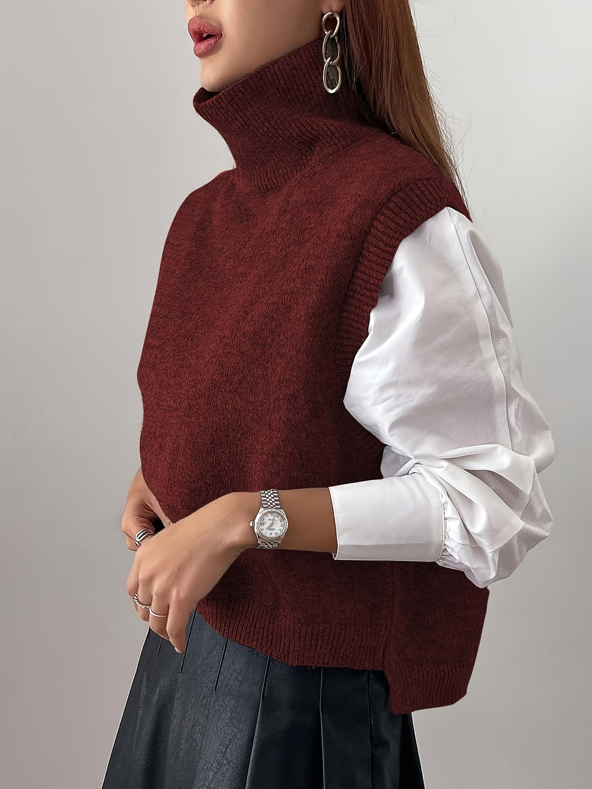 Turtleneck Sweater Vest Knitted Sleeveless Women's Burgundy Jumper – Casual, Office, Layering Gift