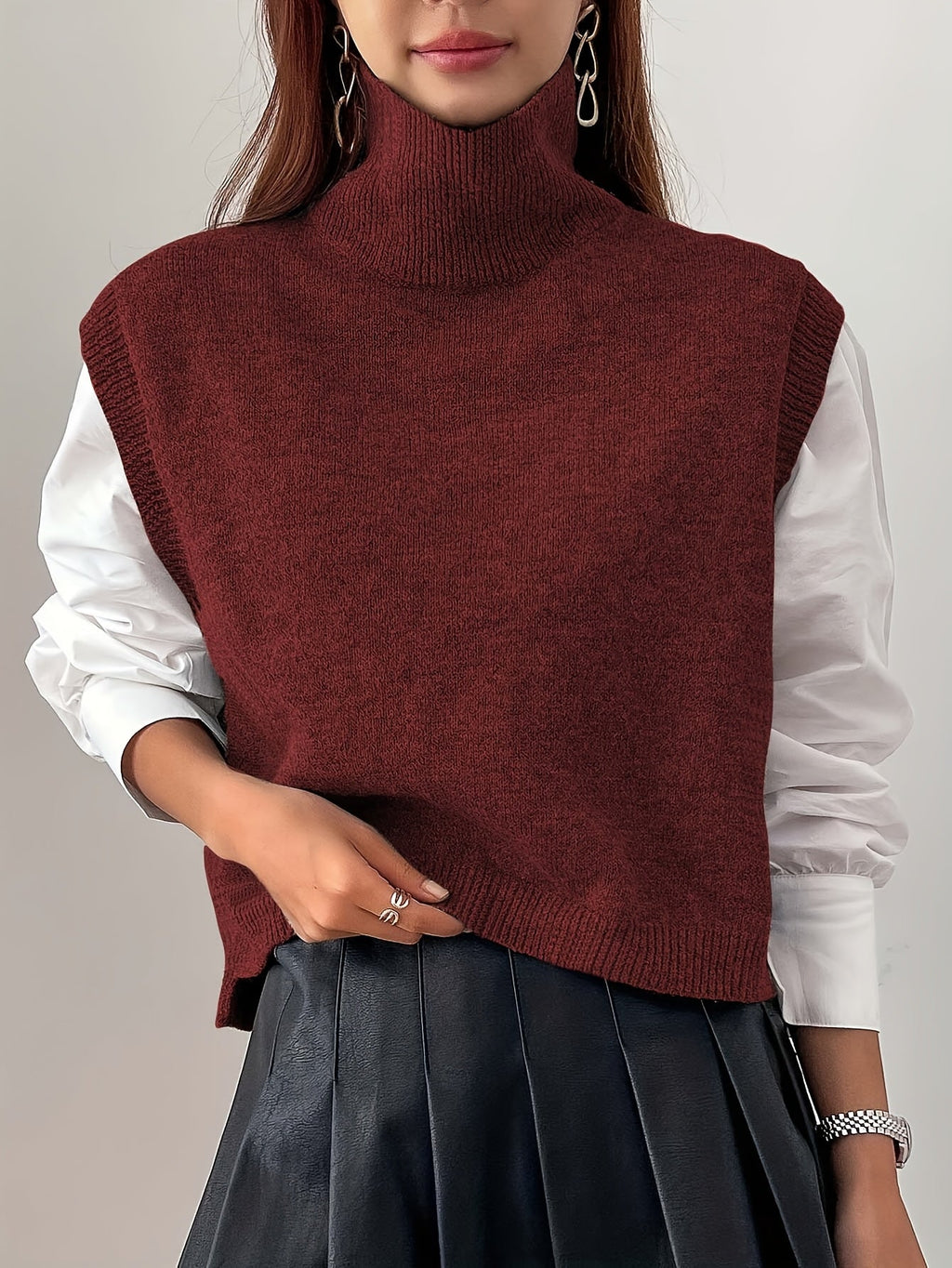 Turtleneck Sweater Vest Knitted Sleeveless Women's Burgundy Jumper – Casual, Office, Layering Gift