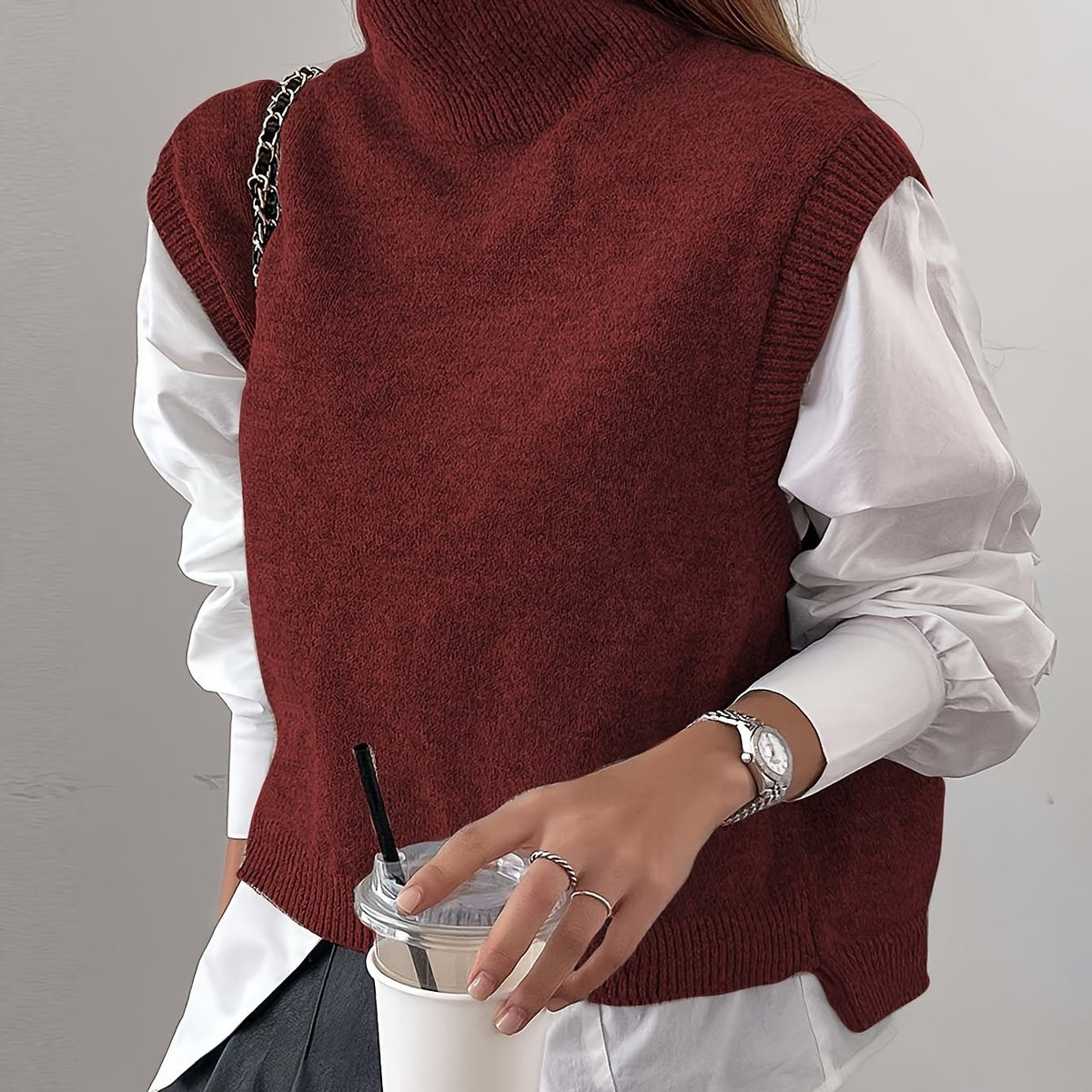 Turtleneck Sweater Vest Knitted Sleeveless Women's Burgundy Jumper – Casual, Office, Layering Gift