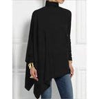Turtleneck Top Draped Asymmetrical Hem Red Women's Long Sleeve Tunic – Casual, Holiday, Office
