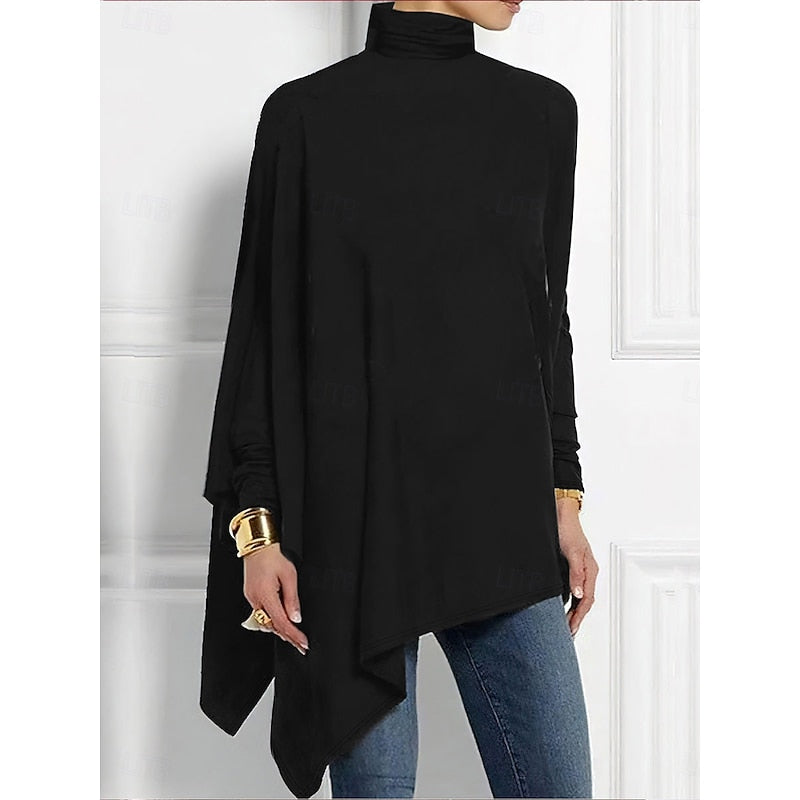 Turtleneck Top Draped Asymmetrical Hem Red Women's Long Sleeve Tunic – Casual, Holiday, Office