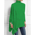 Turtleneck Top Draped Asymmetrical Hem Red Women's Long Sleeve Tunic – Casual, Holiday, Office