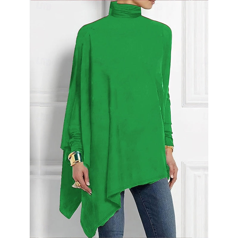 Turtleneck Top Draped Asymmetrical Hem Red Women's Long Sleeve Tunic – Casual, Holiday, Office