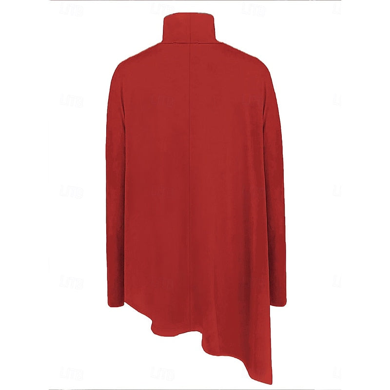Turtleneck Top Draped Asymmetrical Hem Red Women's Long Sleeve Tunic – Casual, Holiday, Office
