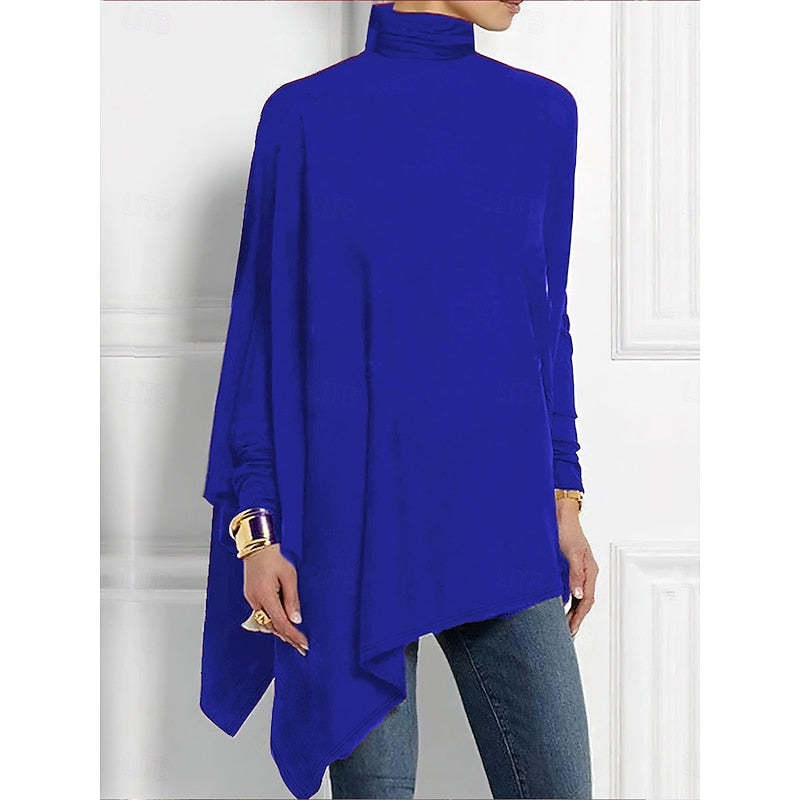 Turtleneck Top Draped Asymmetrical Hem Red Women's Long Sleeve Tunic – Casual, Holiday, Office
