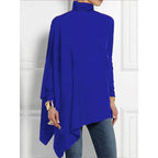 Turtleneck Top Draped Asymmetrical Hem Red Women's Long Sleeve Tunic – Casual, Holiday, Office
