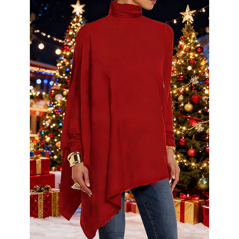 Turtleneck Top Draped Asymmetrical Hem Red Women's Long Sleeve Tunic – Casual, Holiday, Office