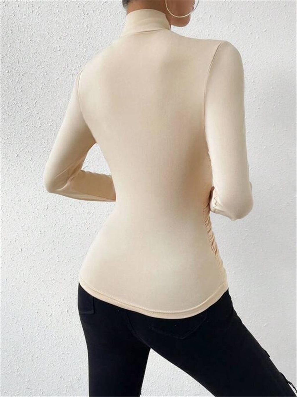 Turtleneck Top Draped Crossover Long Sleeve Women's Beige – Office, Casual, Holiday, Gift