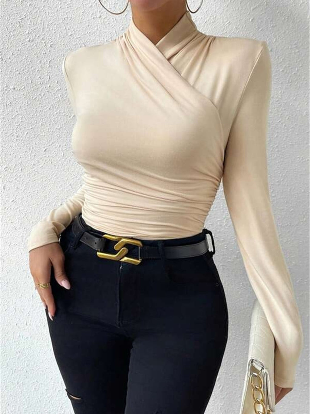 Turtleneck Top Draped Crossover Long Sleeve Women's Beige – Office, Casual, Holiday, Gift