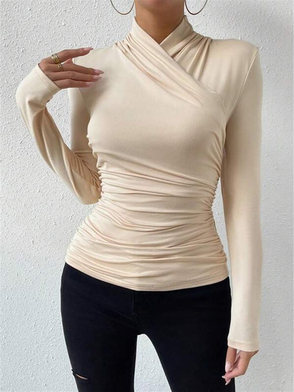 Turtleneck Top Draped Crossover Long Sleeve Women's Beige – Office, Casual, Holiday, Gift