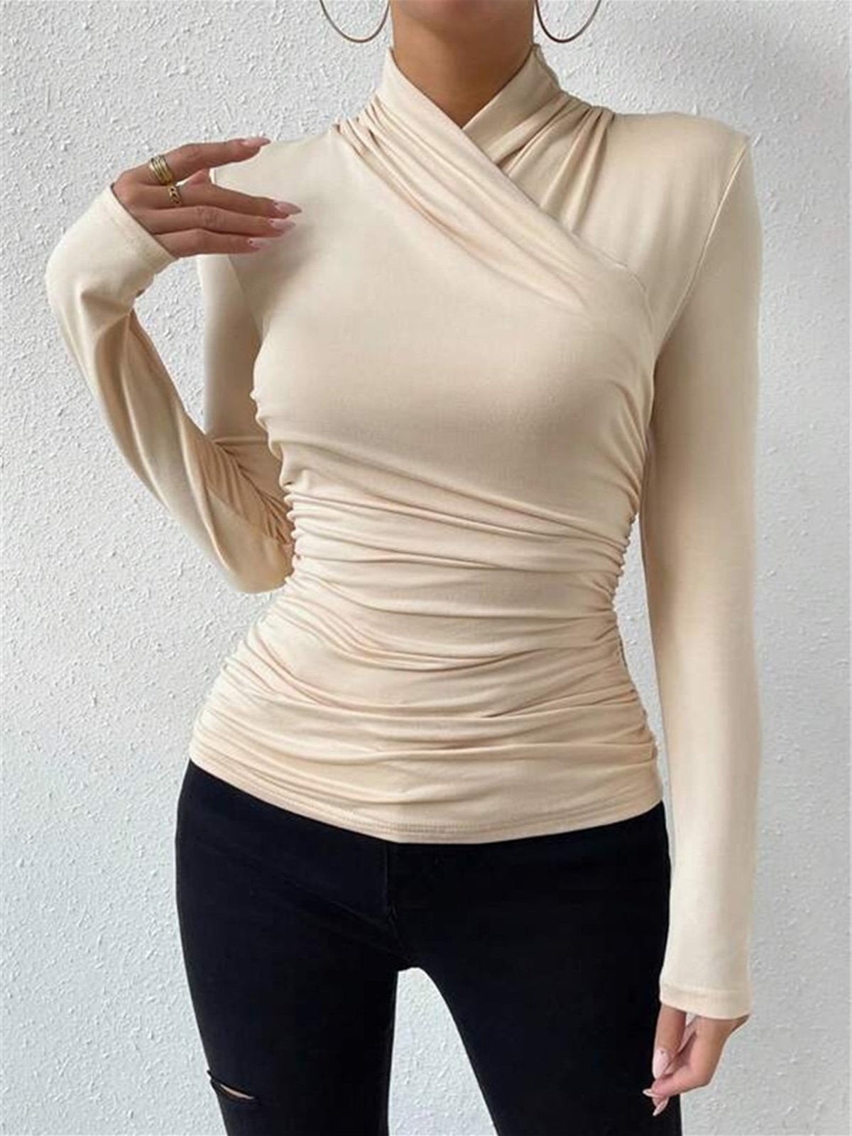 Turtleneck Top Draped Crossover Long Sleeve Women's Beige – Office, Casual, Holiday, Gift