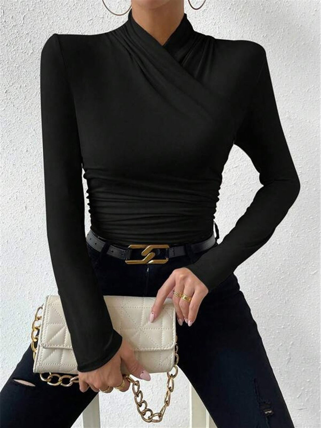 Turtleneck Top Draped Crossover Long Sleeve Women's Beige – Office, Casual, Holiday, Gift