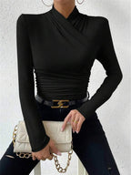 Turtleneck Top Draped Crossover Long Sleeve Women's Beige – Office, Casual, Holiday, Gift