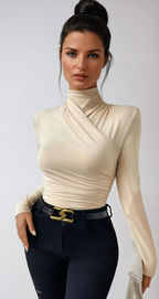 Turtleneck Top Draped Crossover Long Sleeve Women's Beige – Office, Casual, Holiday, Gift