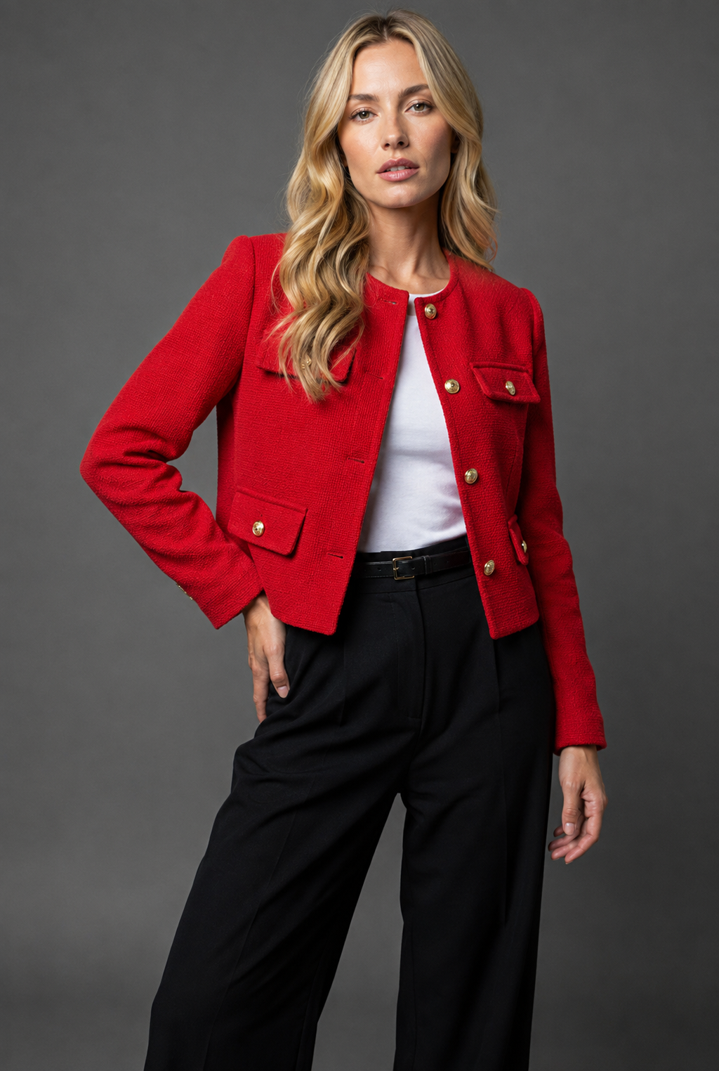 Tweed Blazer Cropped Women's Light Blue Gold Buttons Flap Pockets – Office, Casual, Holiday, Gift