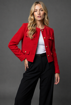 Tweed Blazer Cropped Women's Light Blue Gold Buttons Flap Pockets – Office, Casual, Holiday, Gift