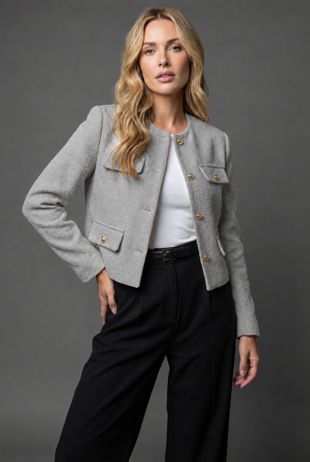 Tweed Blazer Cropped Women's Light Blue Gold Buttons Flap Pockets – Office, Casual, Holiday, Gift