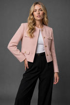 Tweed Blazer Cropped Women's Light Blue Gold Buttons Flap Pockets – Office, Casual, Holiday, Gift