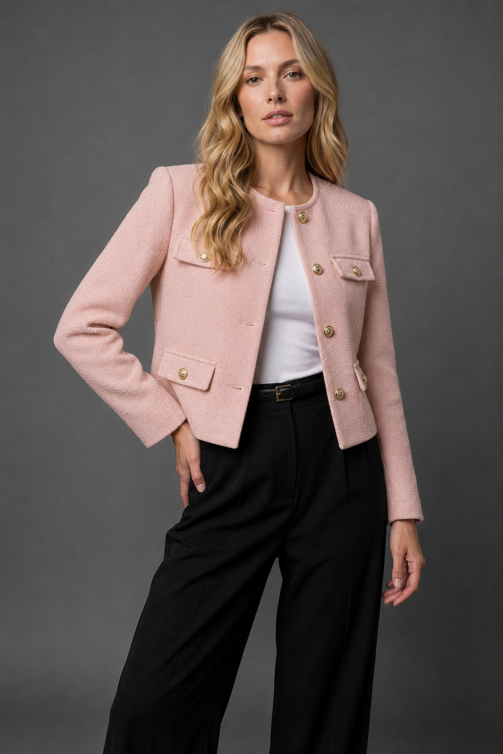 Tweed Blazer Cropped Women's Light Blue Gold Buttons Flap Pockets – Office, Casual, Holiday, Gift