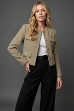Tweed Blazer Cropped Women's Light Blue Gold Buttons Flap Pockets – Office, Casual, Holiday, Gift
