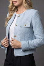 Tweed Blazer Cropped Women's Light Blue Gold Buttons Flap Pockets – Office, Casual, Holiday, Gift