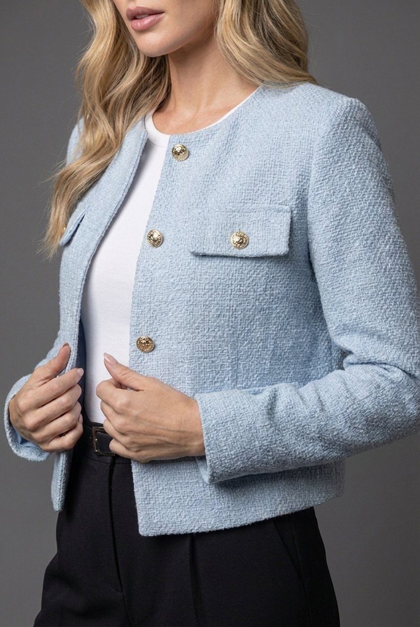 Tweed Blazer Cropped Women's Light Blue Gold Buttons Flap Pockets – Office, Casual, Holiday, Gift
