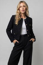 Tweed Blazer Cropped Women's Light Blue Gold Buttons Flap Pockets – Office, Casual, Holiday, Gift