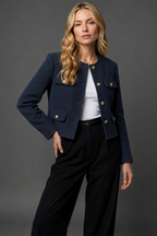 Tweed Blazer Cropped Women's Light Blue Gold Buttons Flap Pockets – Office, Casual, Holiday, Gift